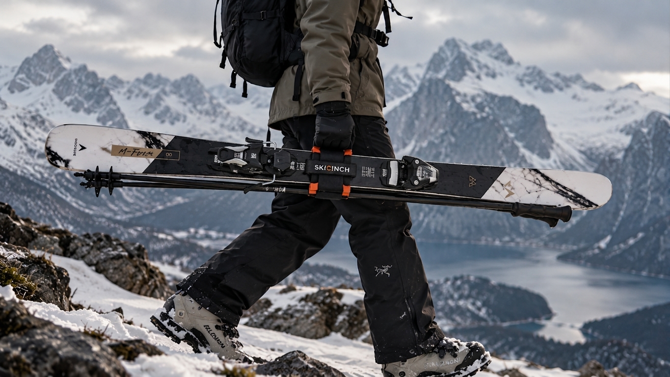 Skier carrying skis and poles in one hand by the SkiCinch handle in the mountains