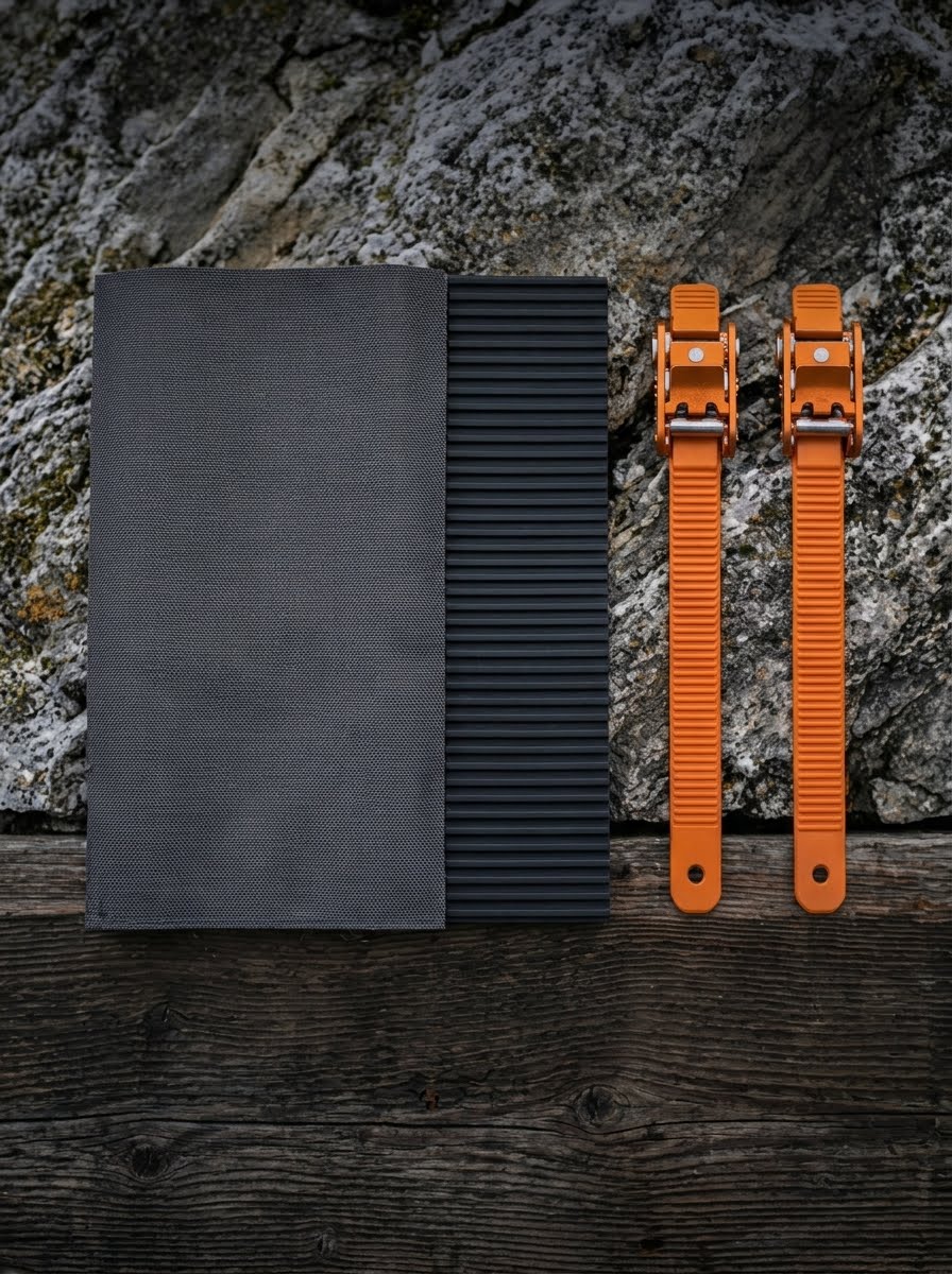 SkiCinch fabric panels and two orange ratchet straps laid out on rock and wood