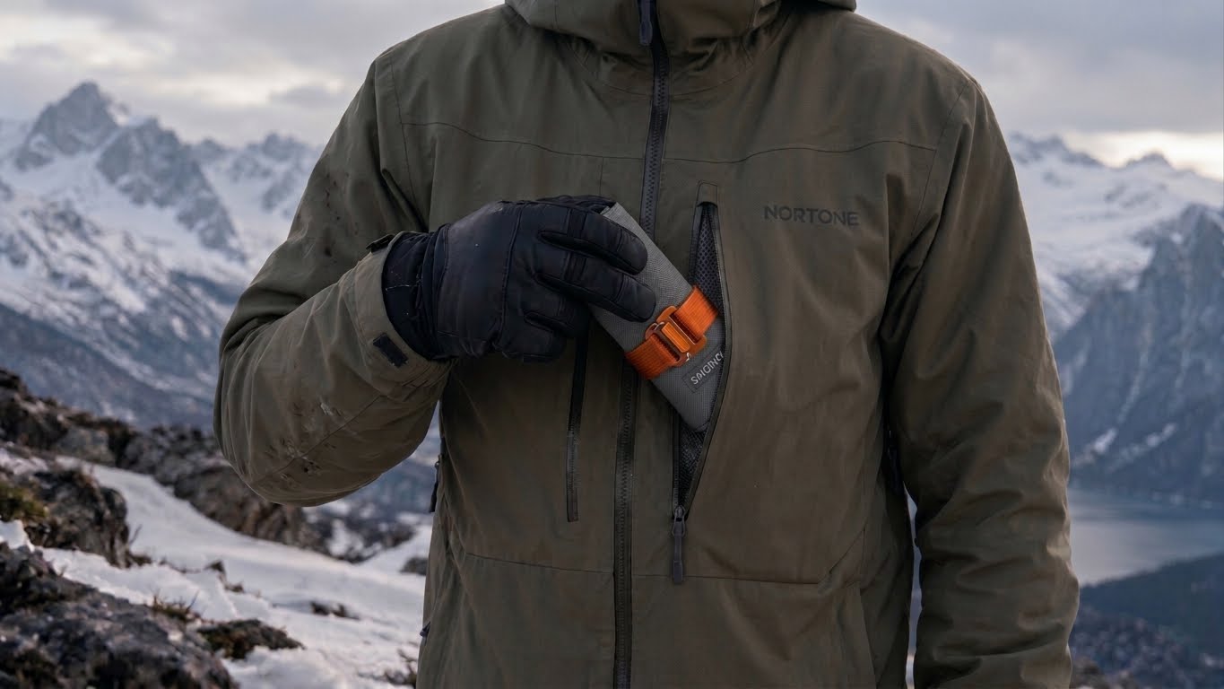 Gloved hand tucking the SkiCinch strap into a jacket pocket
